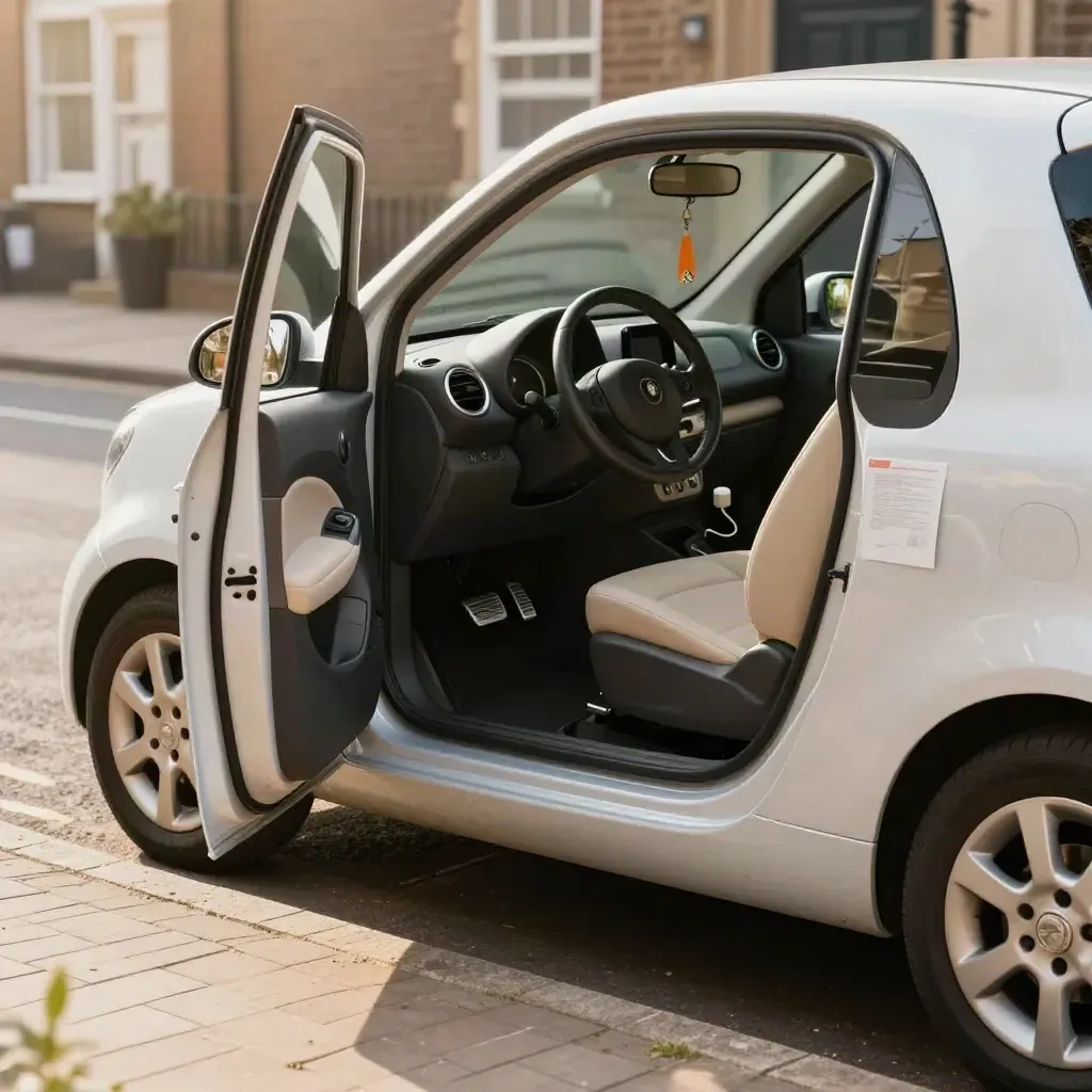 Open learner car doorway with dual-control pedals, cone and route card in warm daylight.
