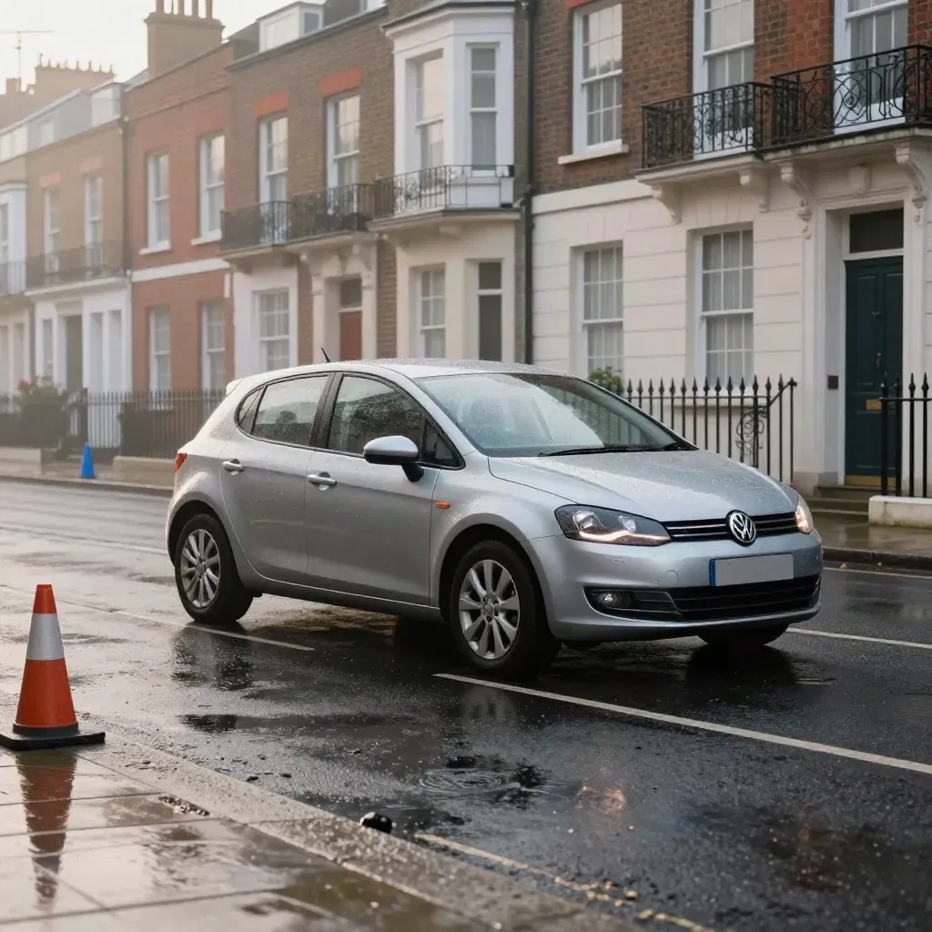 Silver learner hatchback on wet London street at dawn with cones and mist.