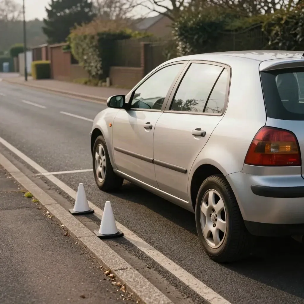 Learner hatchback finishing a mock test park-up beside cones and a curb