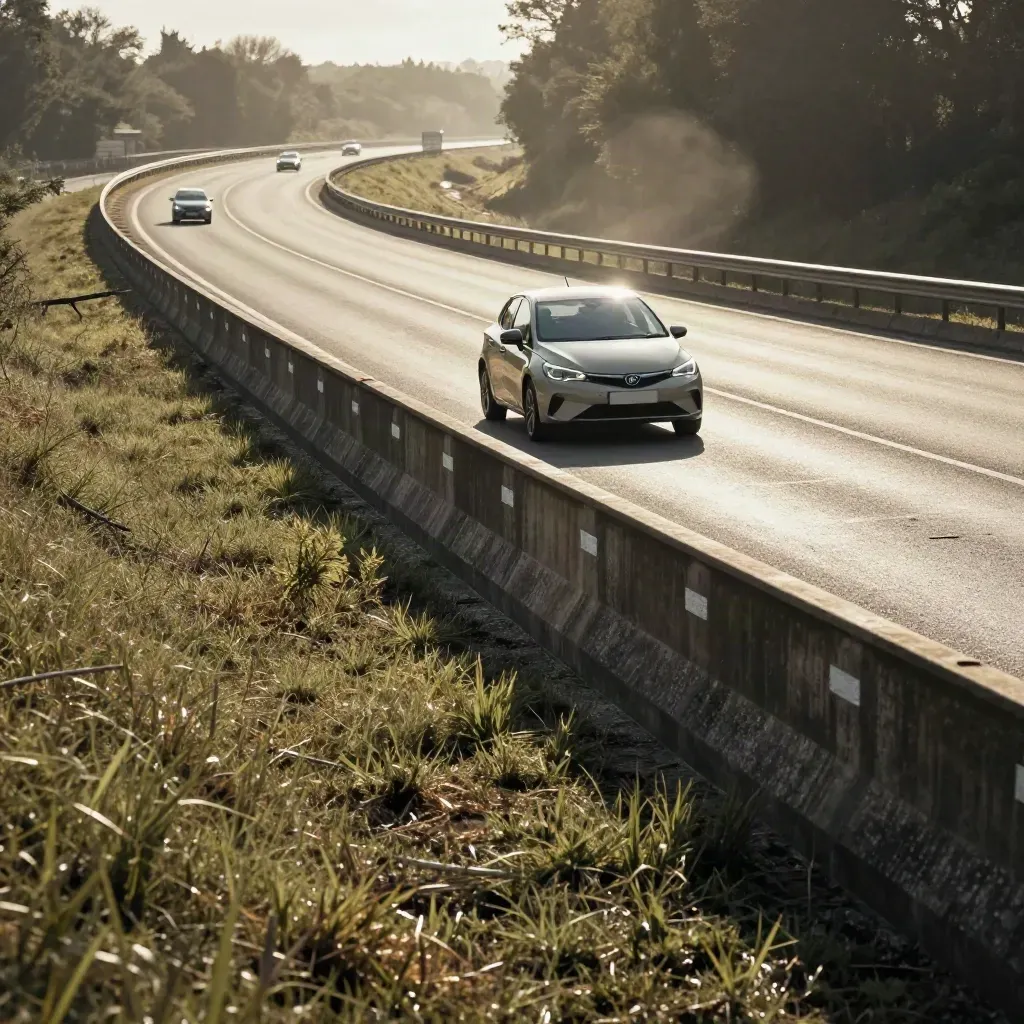 Learner hatchback merges onto a motorway slip road under raking light and haze.