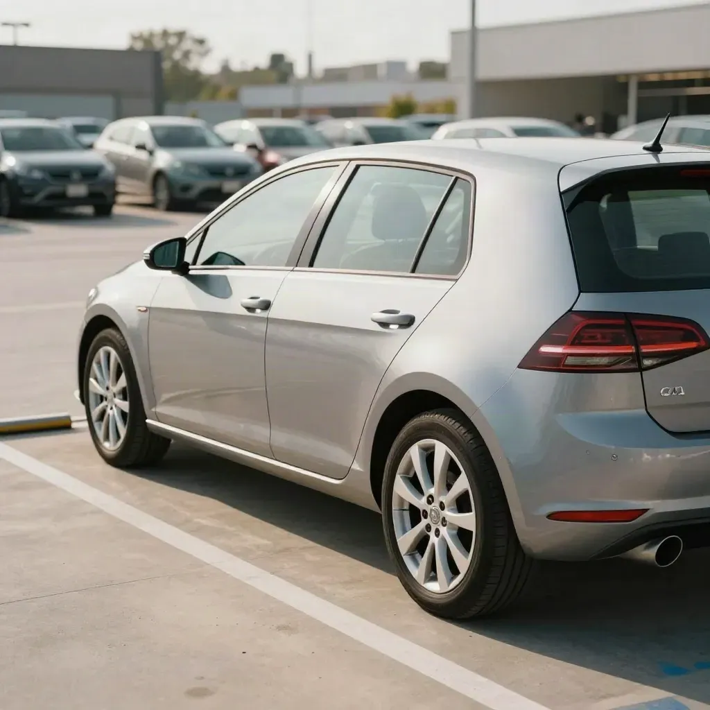 Learner hatchback neatly parked in a supermarket practice bay, rear three-quarter view
