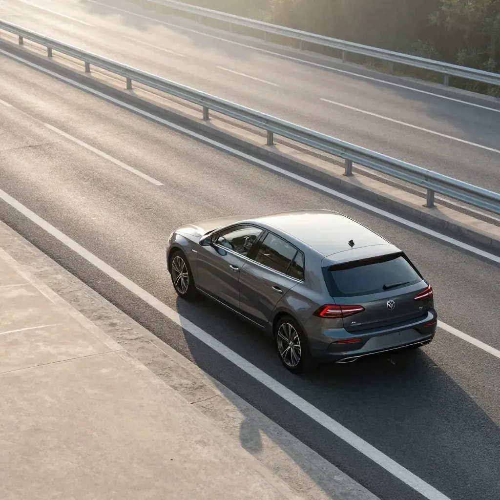Graphite learner hatchback merging onto a motorway slip road at dawn, empty and calm.