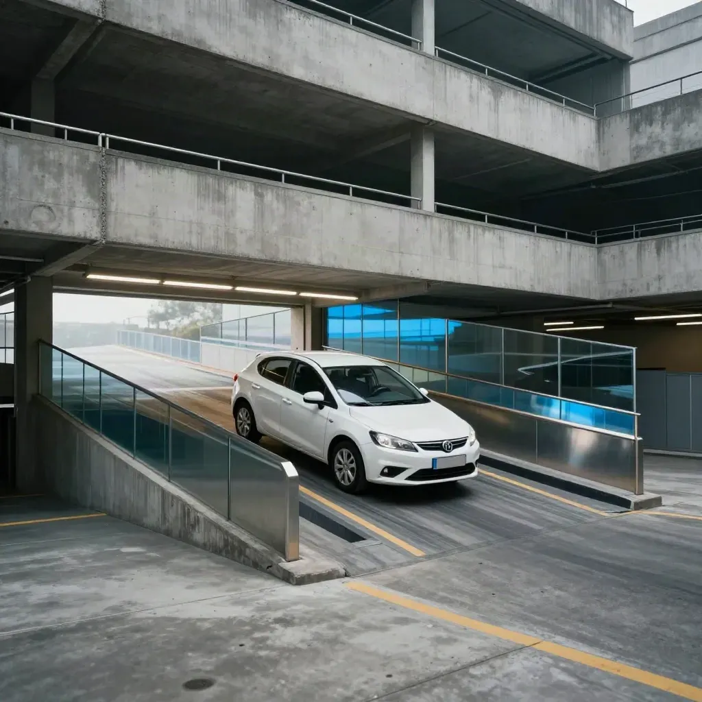 Learner hatchback entering a moody multi-storey car park with blue reflections and haze