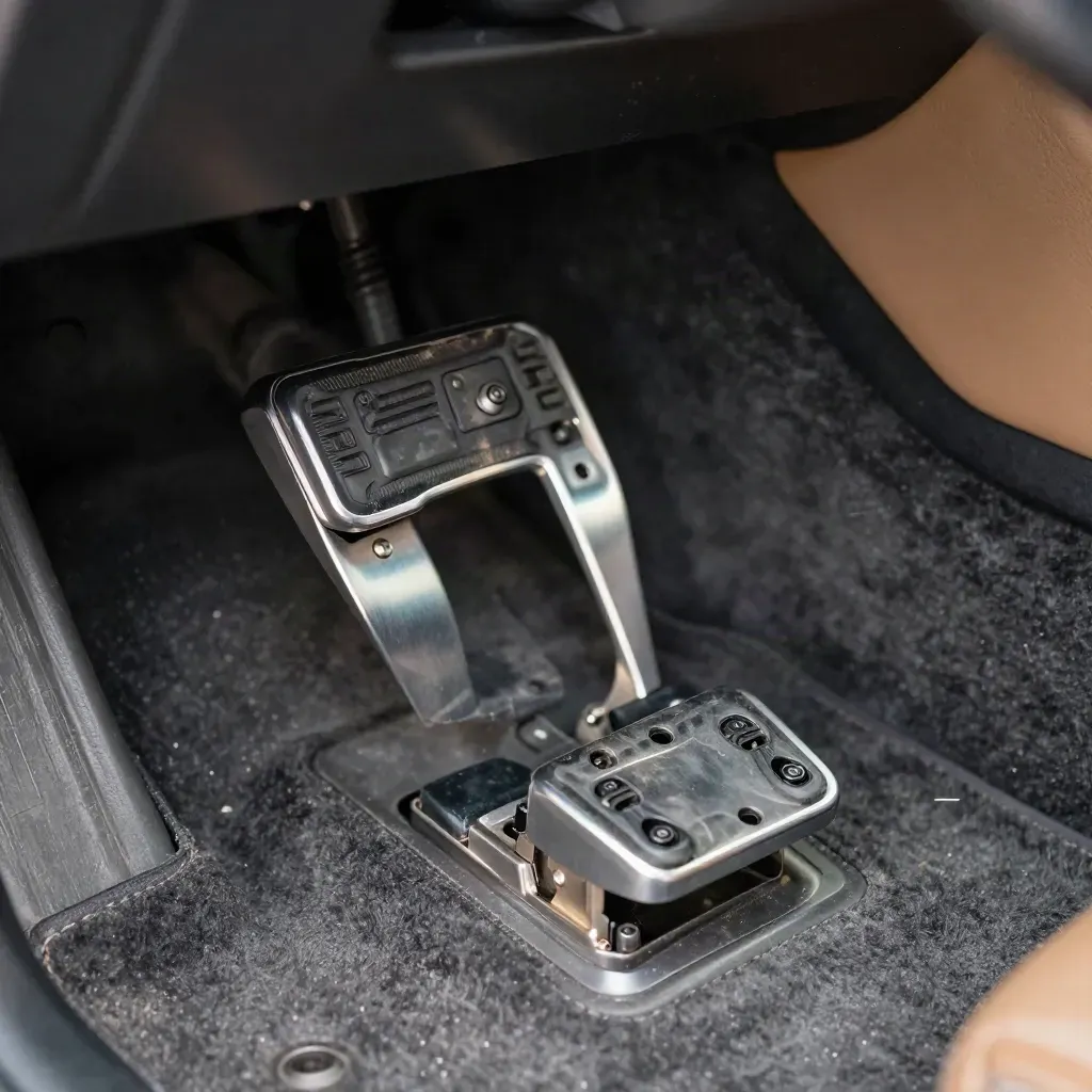 Macro of dual driving school pedals and stitched leather mat in a car footwell