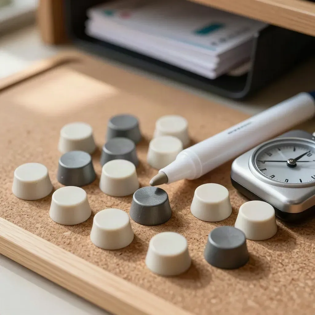 Road-sign tokens, a white highlighter and a small timer arranged on a khaki coaching board.