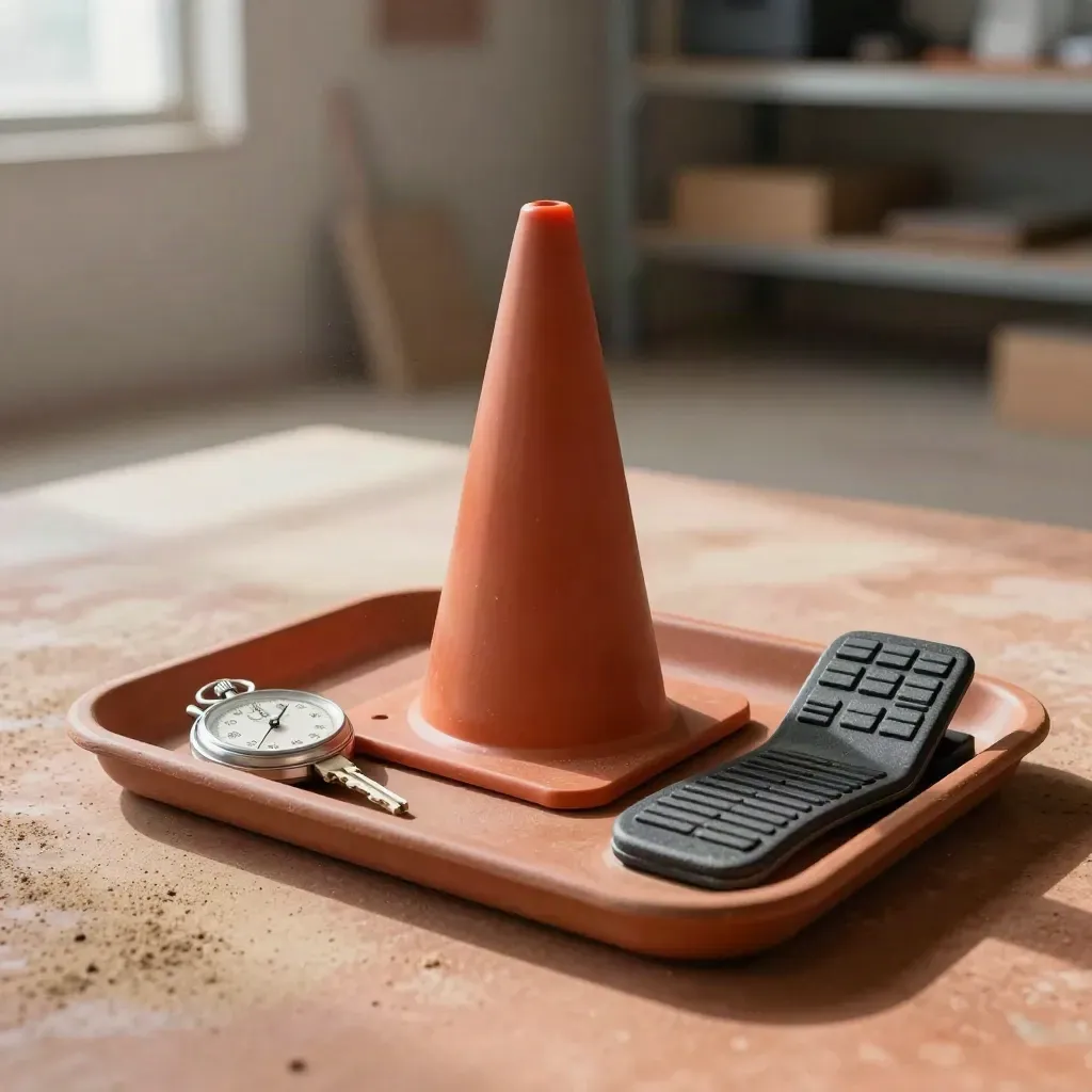 Route cone, stopwatch, key fob and pedal pad on a tray in soft daylight.