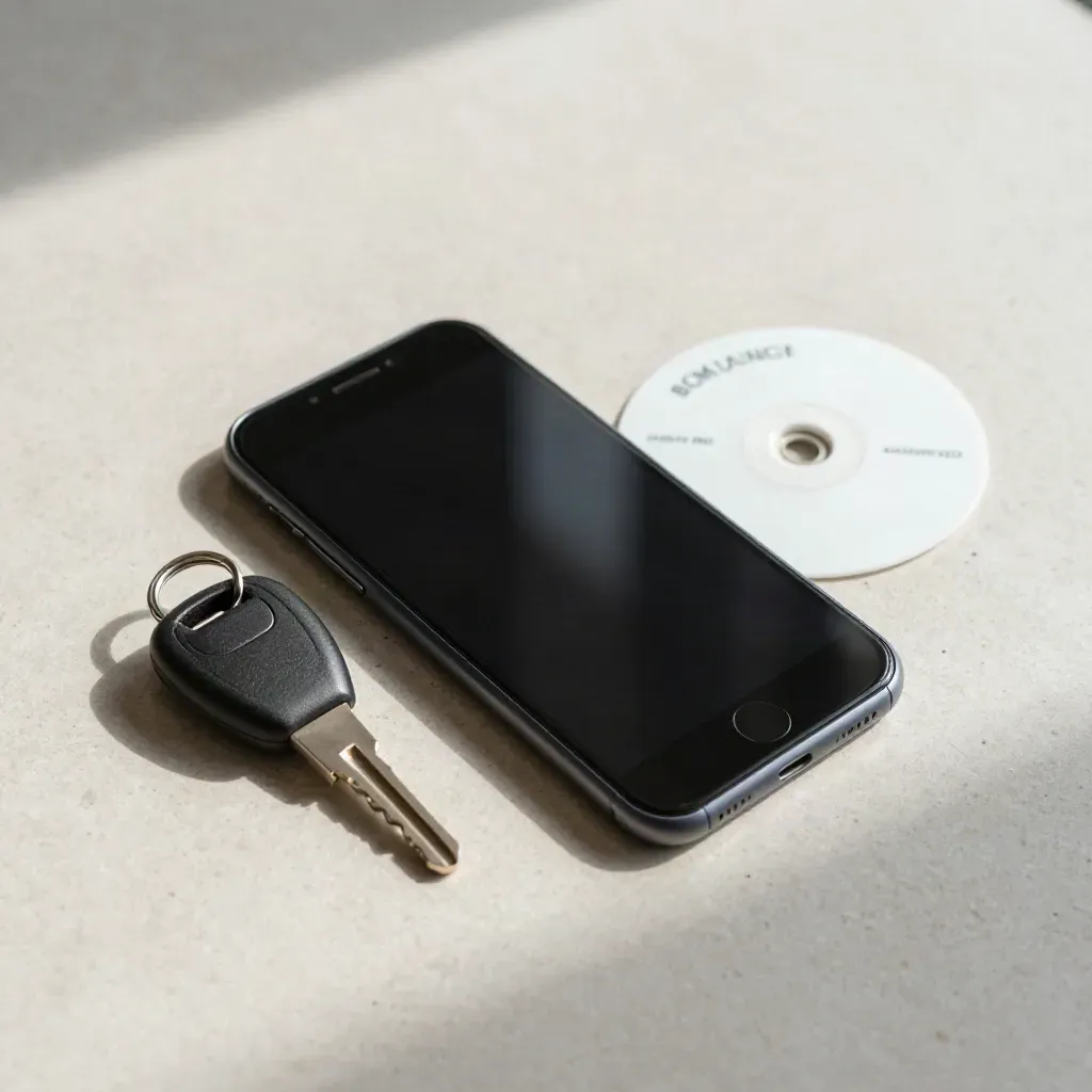 Smartphone, key fob and postcode disc on stone, shot from above in soft light.